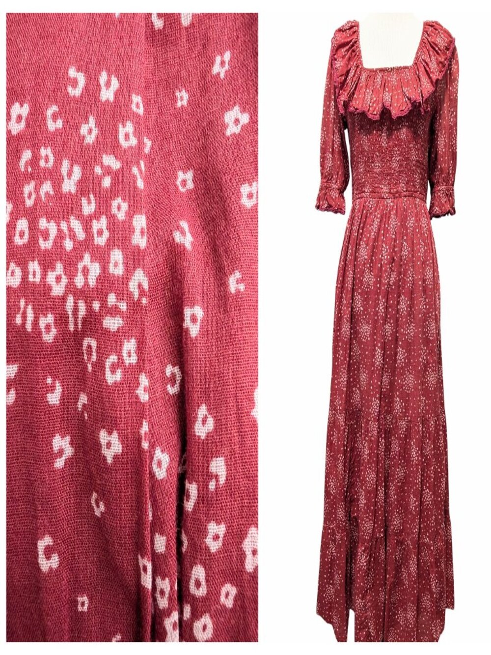 Ivy City Womens Size M Red Floral Smocked Ruffles Puff Sleeve Cottagecore Dress